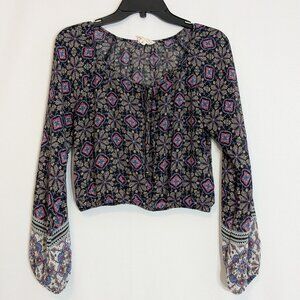 L.A. HEARTS Black/Blue/Pink Sheer Chiffon Long Sleeve Peasant Crop Top; Size M